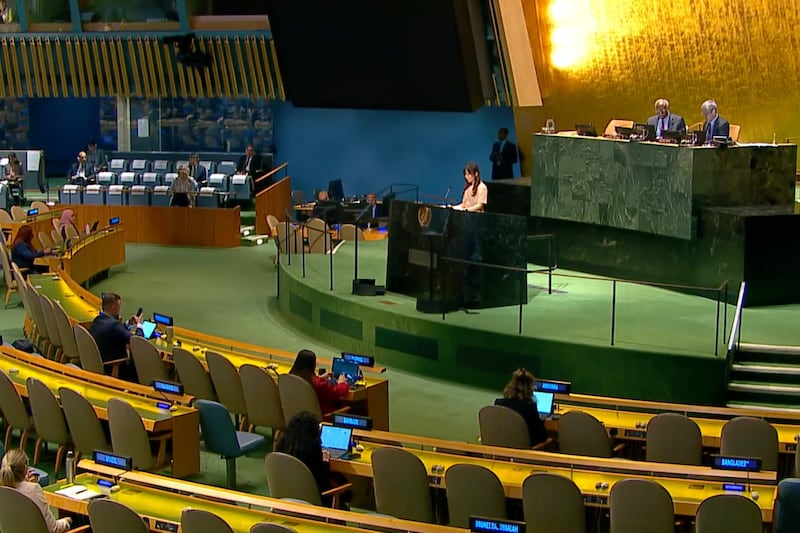 North Korean escapee Gyuri Kang addresses the United Nations General Assembly May 20, 2025.