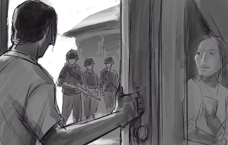 ကိုရဲကိုကိုနဲ့ မသူဇာကို ဖမ်းဆီးရန် နေအိမ်သို့ ရဲနှင့်စစ်သားများ ရောက်လာပုံကို သရုပ်ပြရေးဆွဲထားပုံ။ မသူဇာ ထွက်ပြေးနိုင်ရန် ကိုရဲကိုကိုက အိမ်တံခါးကို အချိန်ဆွဲ၍ ဖွင့်ပေးခဲ့ပြီး နောက်ပိုင်းတွင် ကိုရဲကိုကို ဖမ်းဆီးခံရပြီး စစ်ကြောရေးစခန်း၌ ရိုက်နှက်မေးမြန်းခံခဲ့ရသည်။ (Rebel Pepper/RFA)