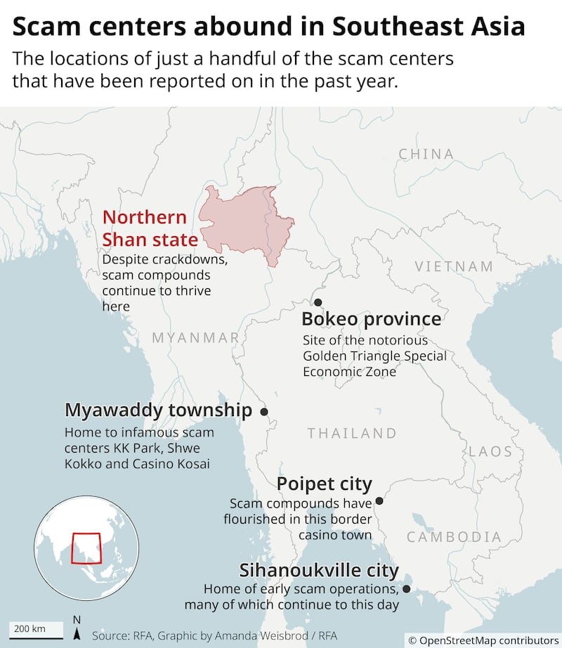 Map of scam centers in southeast asia