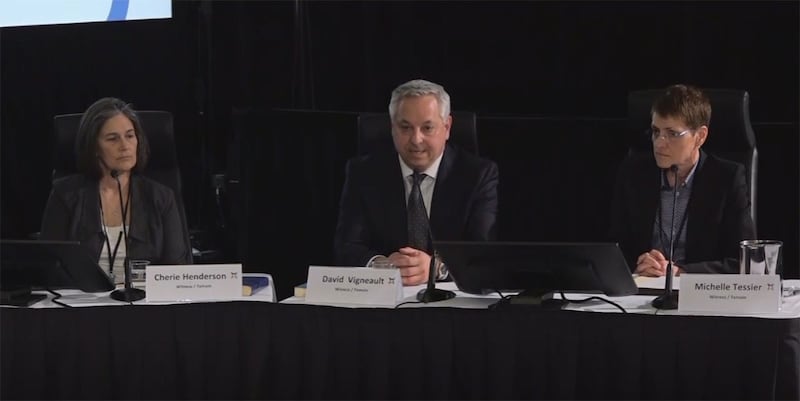 加拿大安全情报局长维尼奥(David Vigneault, 中)等多位国安系统官员出席作证,也披露情报文件说明外国干预情况。 (视频会议截图/记者柳飞提供)