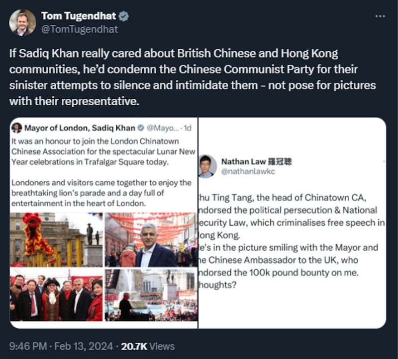 英國保安國務大臣董勤達（Tom Tugendhat）批評倫敦市長。（英國保安國務大臣X）