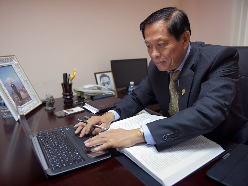Lim Kimya, a member of the National Assembly from Cambodia National Rescue Party, works in his office in Phnom Penh, Cambodia, Oct. 17, 2017.
