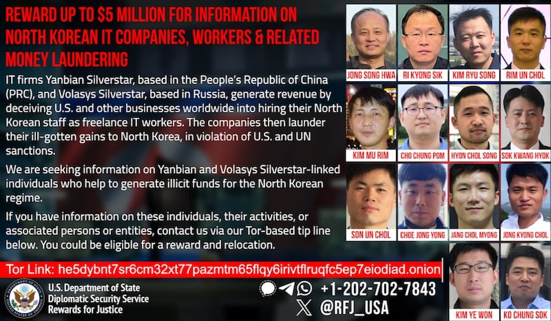 A reward for information on North Korean IT companies, workers, and related money laundering is posted online.