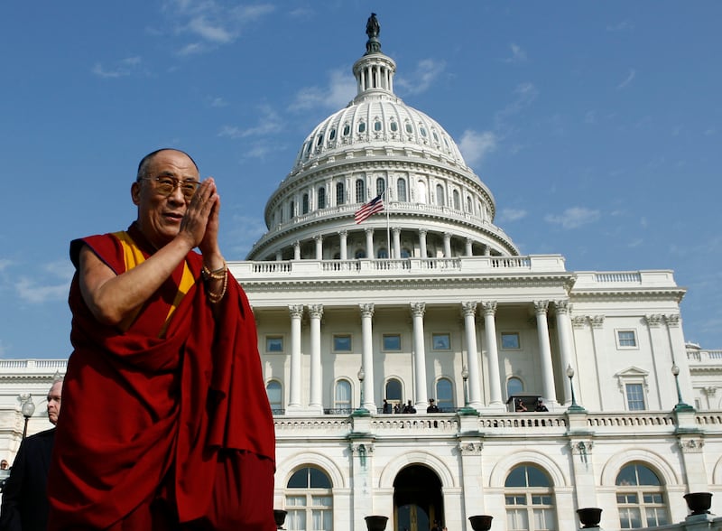 Tibet's exiled spiritual leader the Dalai Lama atthe U.S. Capitol after receving the Congressional Gold Medal in Washington, October 17, 2007.