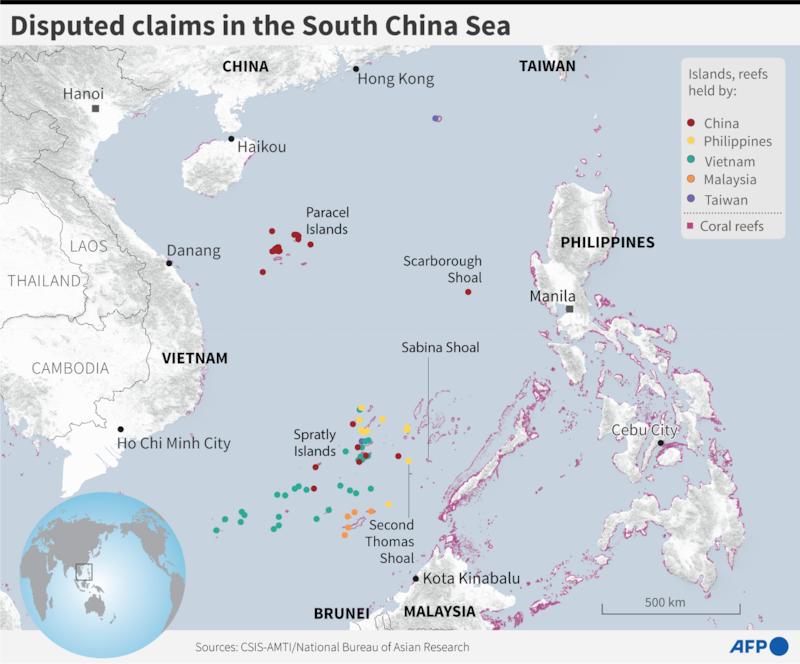 A map shows occupied or administered islands in the disputed South China Sea. [AFP]