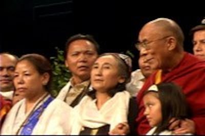 The Dalai Lama and Rebiya Kadeer before an audience of 16,000 at the MCI Center in Washington, DC.