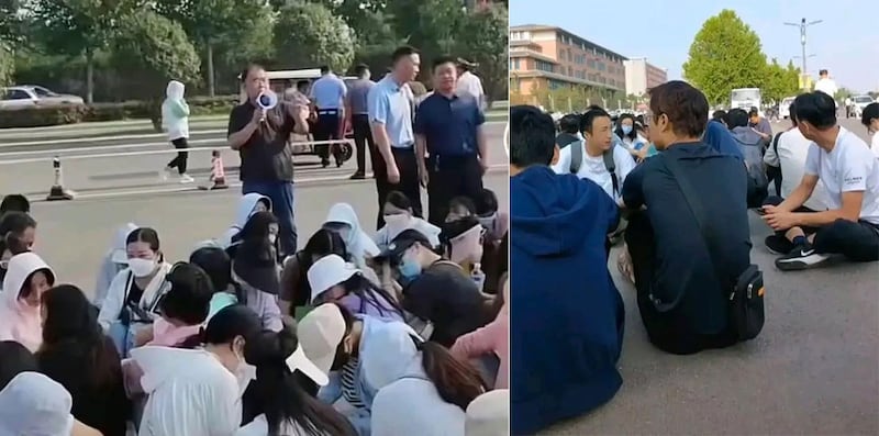 孟津一高老师静坐,抗议工资积欠多时。(图源:平哥说教育668)