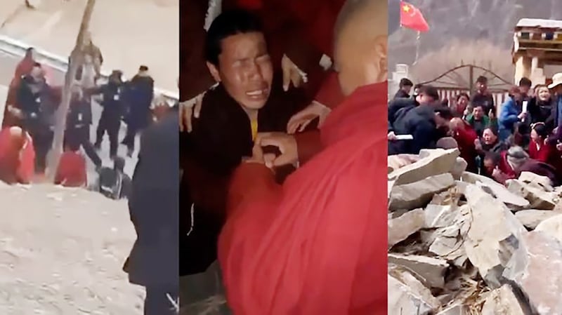 Tibetan monks and residents in Dege, Sichuan province, appeal to Chinese officials to stop a planned dam construction in these images from Feb. 20-22, 2024.