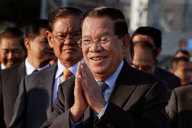 Cambodia’s President of the Senate Hun Sen arrives at the Victory Day commemoration marking the anniversary of the ouster of the Khmer Rouge regime, in Phnom Penh, Jan. 7, 2025.