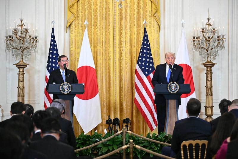 President Donald Trump, right, and Japan's Prime Minister Shigeru Ishiba hold a joint press conference at the White House in Washington, D.C., on Feb. 7, 2025.
